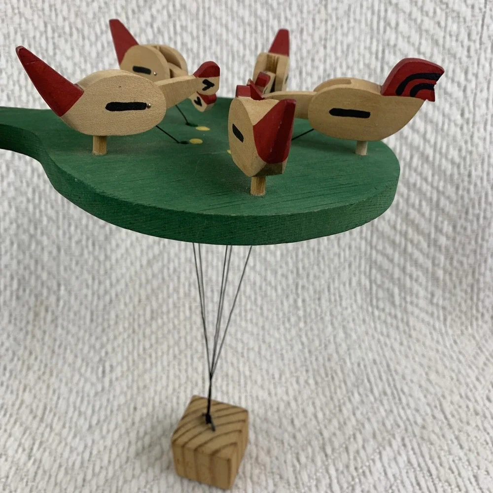 Folk Art Hand Painted Wooden Handmade Vintage Pecking Chickens Motion Paddle Toy
